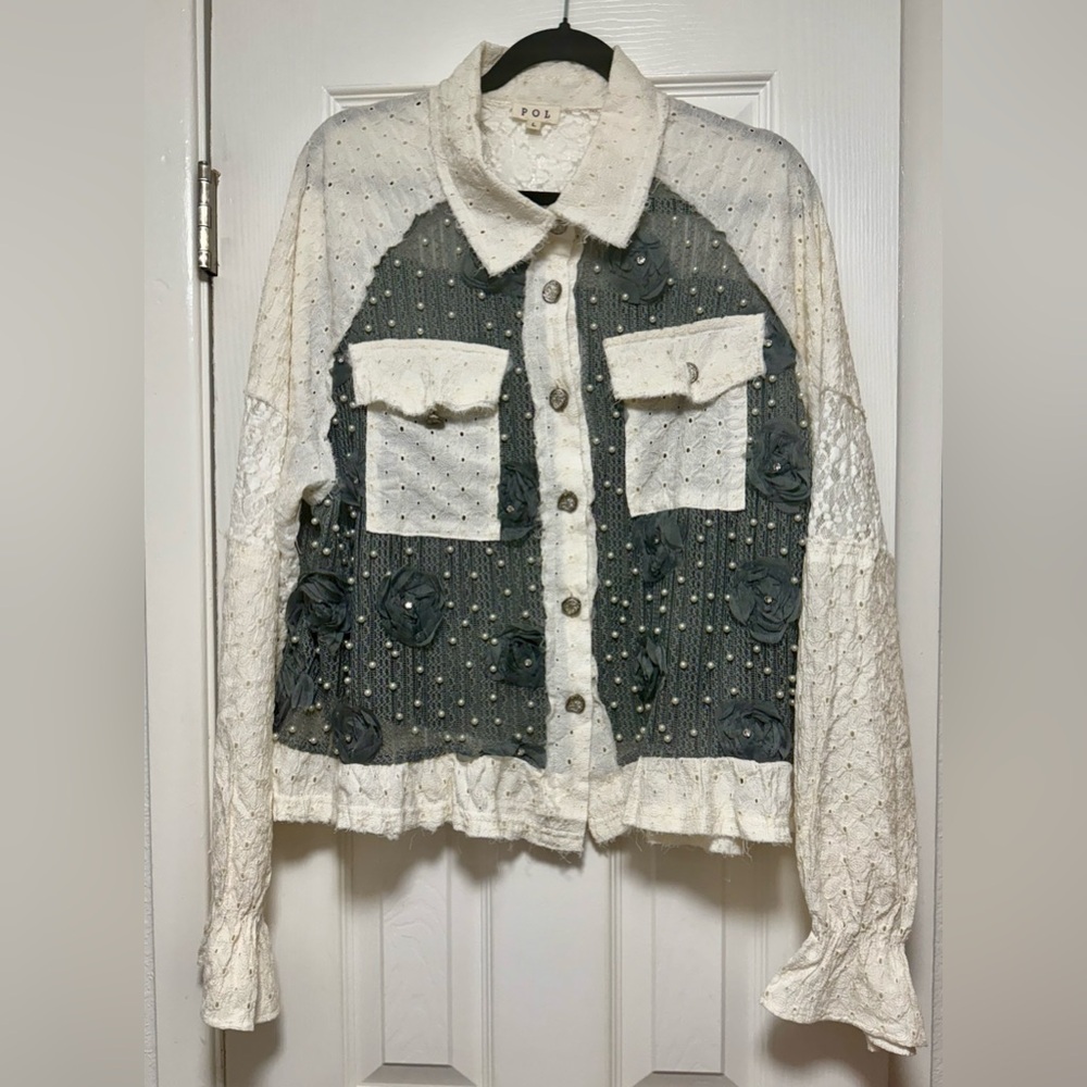 POL Two-Tone White and Charcoal Embellished Jean Jacket NWOT